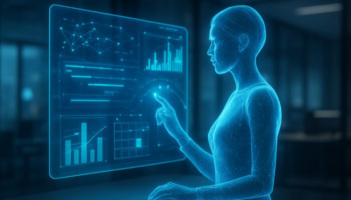 Holographic AI assistant analysing data streams and suggesting optimised schedules in a futuristic office.