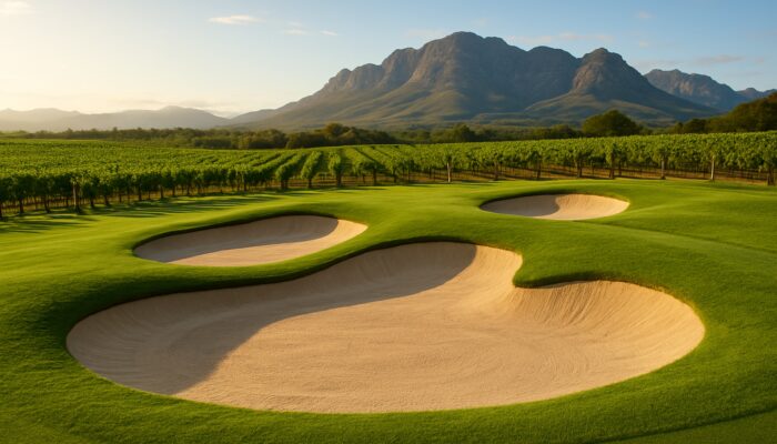 Beautiful Cape Winelands golf bunkers with fine sand, surrounded by vineyards and rolling mountains.