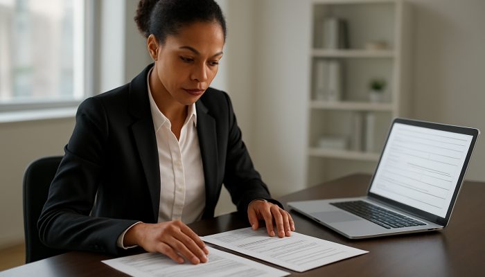 Individual organising income proofs and identification documents beside a laptop for loan application in a bright modern office