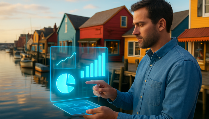 Business owner in Gloucester harbour viewing holographic charts of page views, bounce rates, and shares