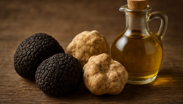 Fresh black Périgord and white truffles beside golden truffle oil on rustic wood