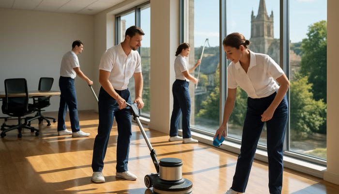 Professional cleaners ensuring spotless floors and windows in a well-lit Crewkerne office.