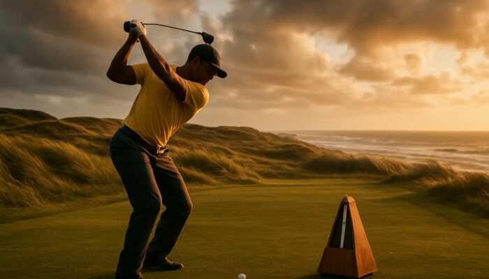 Focused South African golfer mid-swing with metronome on a breezy coastal fairway during golden hour