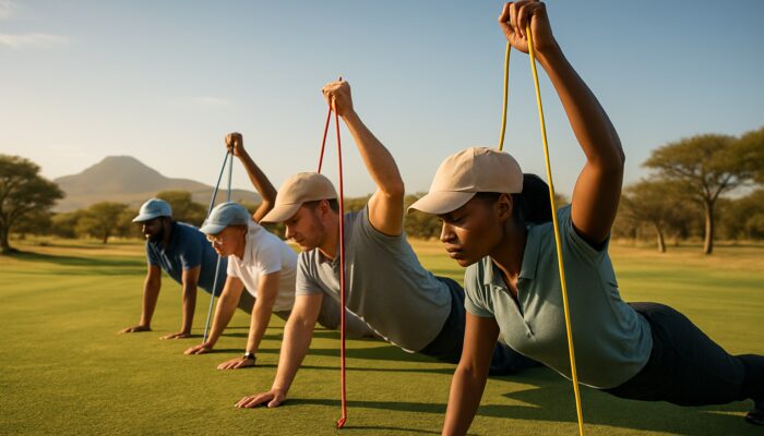 Various golfers performing planks and resistance band exercises on a sunlit South African savanna golf course.