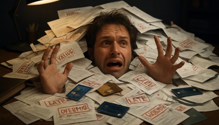 Signs You Have Too Many Separate Debts: Spot Key Indicators | DCL Individual overwhelmed by a chaotic pile of overdue bills and loan documentation on a cluttered desk