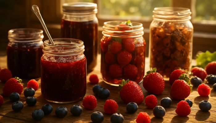 Rustic table with jars of berry jams, syrups, and fresh strawberries, blueberries, and raspberries in sunlight.