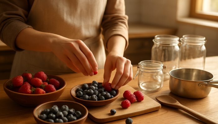 Beginner arranging fresh berries, jars, and tools on wooden counter in sunlit kitchen for berry compote.