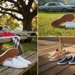 Three photos showcase Xero Americana Collection barefoot-inspired shoes in blue, red, and white—perfect summer wear—displayed outdoors on a picnic table, on grass near a grill and car, and on a wooden deck with varied lighting and settings.