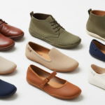 Nine pairs of shoes, including Xero barefoot shoes, are arranged in rows on a white surface. Featuring everyday style, the lineup includes brown and olive lace-ups, beige and navy slip-ons, Mary Janes, and white sneakers.