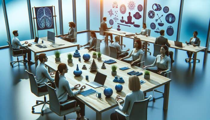 UK office workers partaking in brief mindfulness sessions, supported by workshops and resources.
