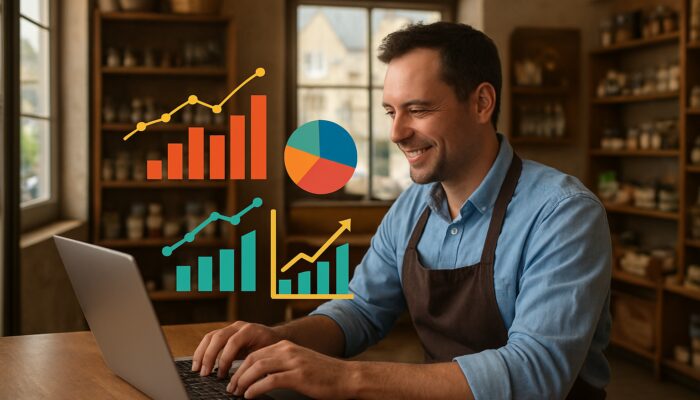 Small business owner in Tidworth reviewing analytics dashboard with engagement metrics in their shop