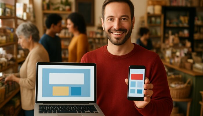 Shop owner in Tidworth demonstrates a mobile-optimised website on a laptop while communicating with customers on a smartphone.