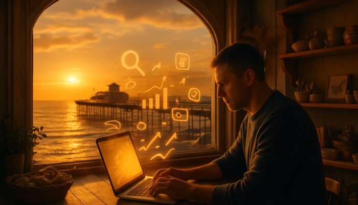 Shop owner analysing SEO data on a laptop by the Weston-Super-Mare pier at sunset