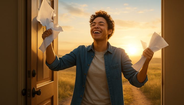 Planning Life After Monthly Debt Bills End: New Beginnings | DCL Relieved individual tearing debt bills steps through an open door into a sunlit horizon symbolising new beginnings.