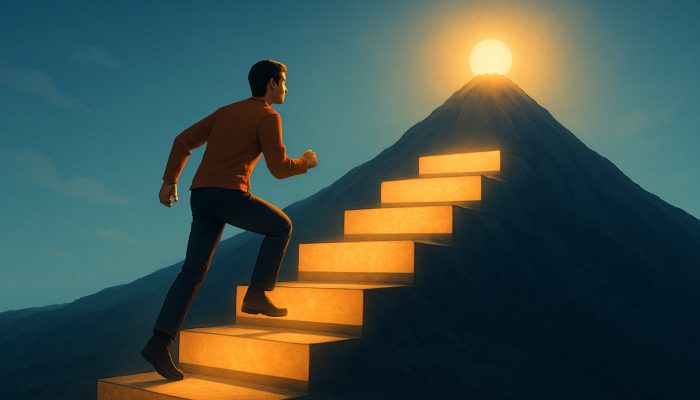 Planning Life After Monthly Debt Bills End: New Beginnings | DCL Individual ascending stepping stones labelled emergency fund and holiday savings towards the summit of financial independence.
