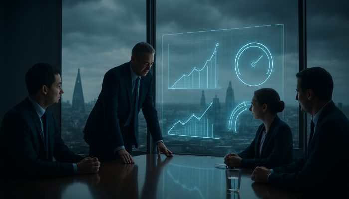 When to Switch From One Strategy to Another: Business Guide | DCL British executives reviewing holographic sales growth, ROI and CAC dashboards in a modern London boardroom.