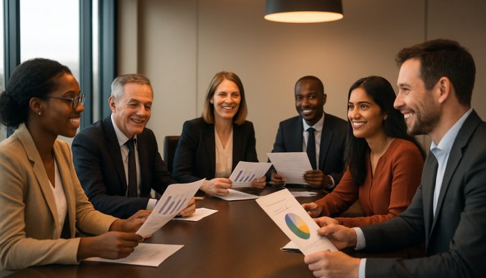 When to Switch From One Strategy to Another: Business Guide | DCL Diverse British professionals sharing surveys and charts around a modern London boardroom table.