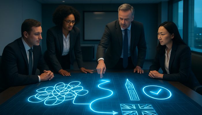 When to Switch From One Strategy to Another: Business Guide | DCL Executives charting strategy transition on a glowing digital blueprint with UK compliance icons in a boardroom.