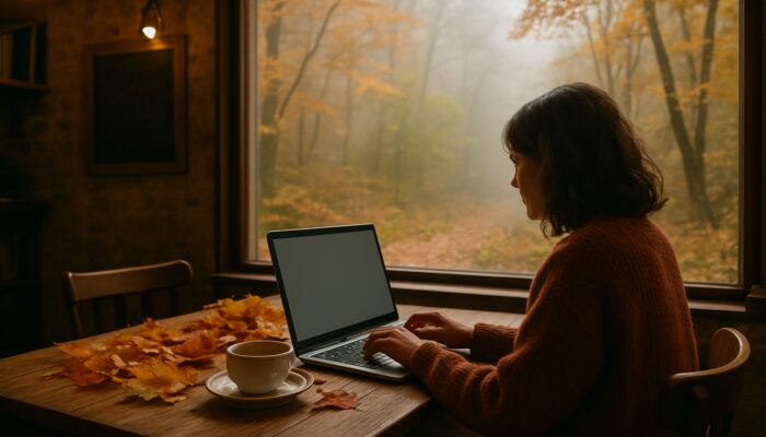 Inviting scene of a Lydney café with the owner blogging about local festivals on a laptop amidst autumn foliage in the misty Forest of Dean