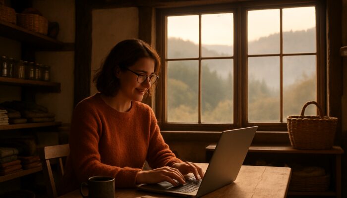 Owner of a small business blogging on a laptop in a rustic Lydney shop with misty views of the Forest of Dean