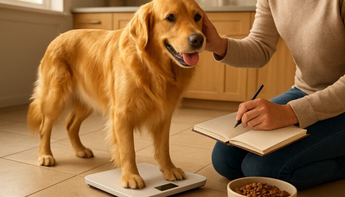 Owner weighs active golden retriever on scale while checking coat in sunlit kitchen