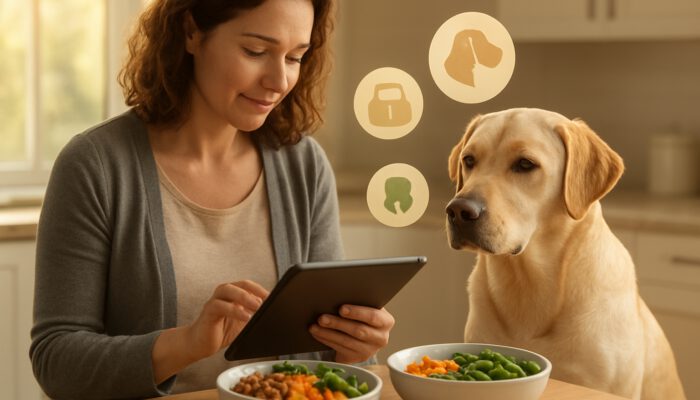 Owner reviewing Labrador health data on a tablet beside customised nutrition bowls in a kitchen