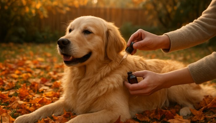 Golden retriever receiving natural flea prevention oil applied in autumn garden