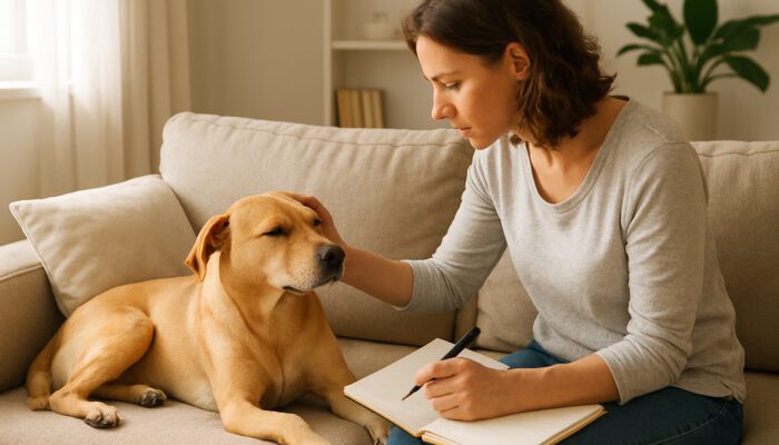 Owner inspecting relaxed dog on couch while noting flea control observations in notebook