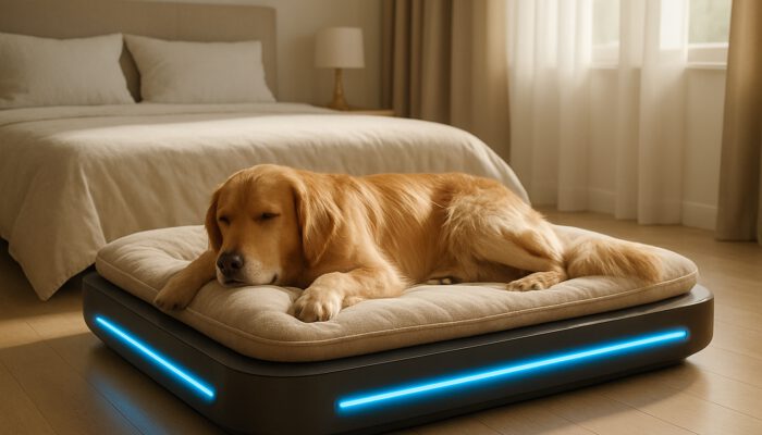 Golden retriever relaxing on sleek temperature-controlled pet bed with cooling panels in modern bedroom