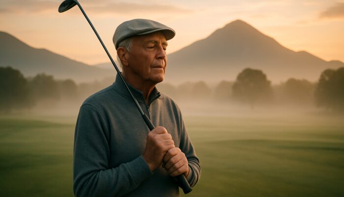 Elderly golfer eyes closed in focus on misty dawn fairway, symbolising mental strength for seniors.