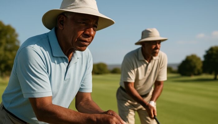 Elderly South African golfers wearing wide-brimmed breathable hats on sunny fairways.