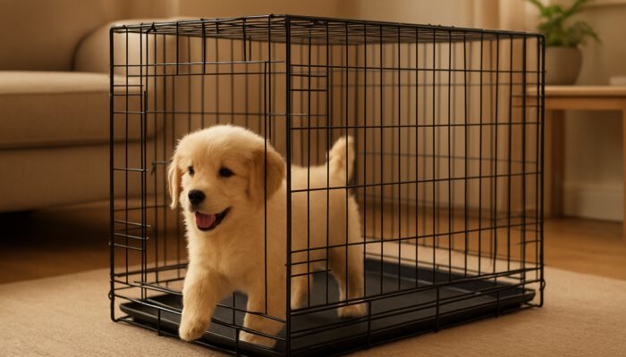 Fluffy puppy happily entering a cosy wire crate with smooth sliding doors in a warm home.