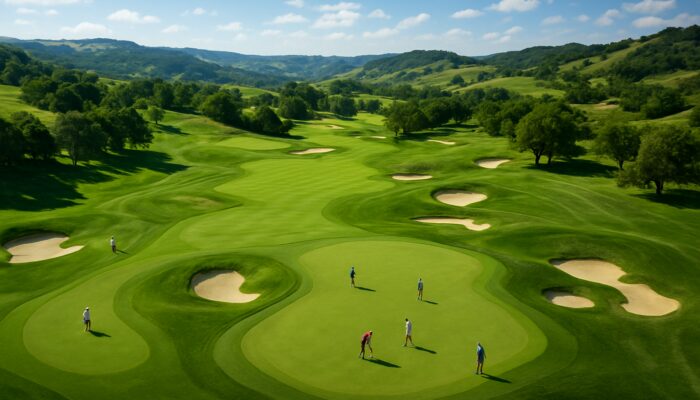 Aerial view of Alexander Golf Club's lush emerald fairways with diverse golfers on scenic hills