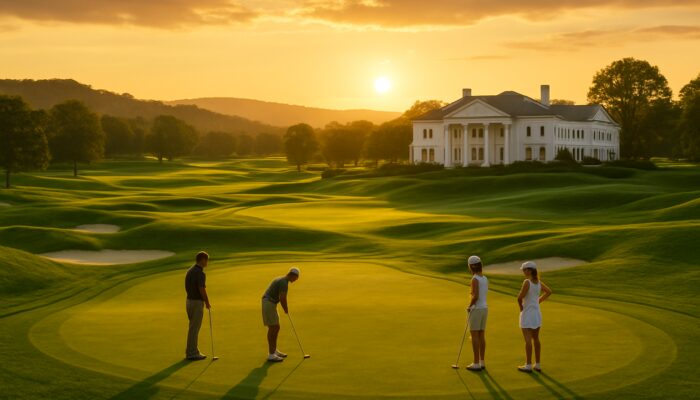 Luxurious Alexander Golf Club fairways, white clubhouse, and golfers at golden sunset.