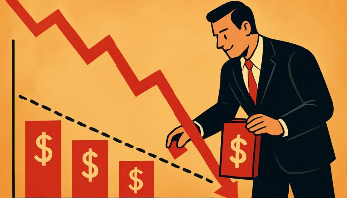 Investor purchasing shares on a declining stock chart with an average cost line dropping
