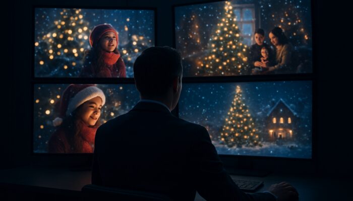 Strategist analyzing competitors' festive holiday video campaigns and metrics on glowing screens in dark room.