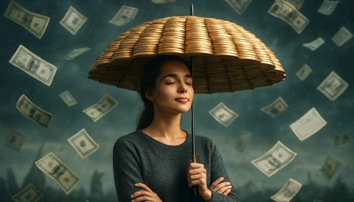 Avoiding Running Back to Quick Cash Loans: Key Tips | DCL Individual shielded by a golden coin umbrella from a storm of unexpected bills and expenses.