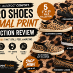 A promotional image for Xero Shoes Animal Print Collection Review, displaying five styles of Leopard Barefoot Shoes on a leopard print fabric. Text highlights features like comfort, flexible soles, and natural movement.