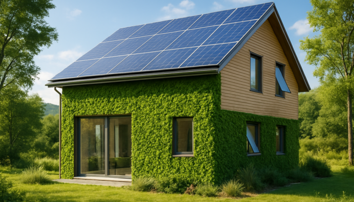 Modern eco-friendly house with solar panels, green walls, and smart windows set in a serene landscape.