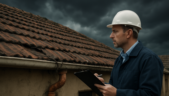Professional inspector examines cracked roof and exposed wires on old South African home in Springs under a stormy sky.