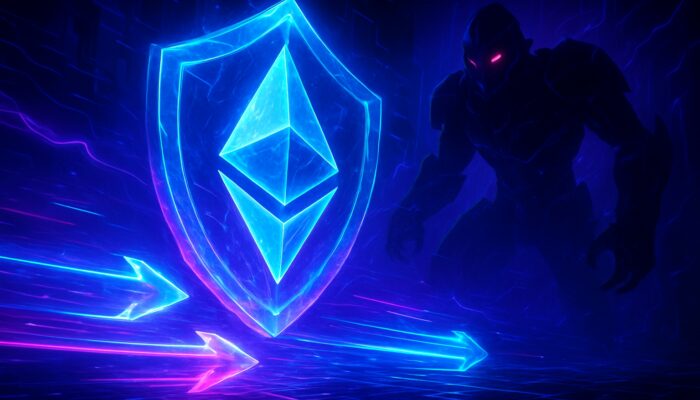Futuristic arena with luminous Ethereum transactions shielded by crystalline armour from shadowy MEV bots in vibrant blues and purples.