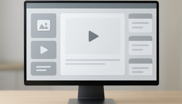 Lumen5 video dashboard displayed on a computer screen showcasing upload zones for images, clips, and text.