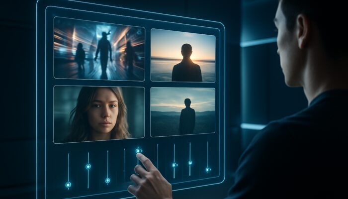 Creator adjusting sliders on a holographic AI video interface within a futuristic studio.