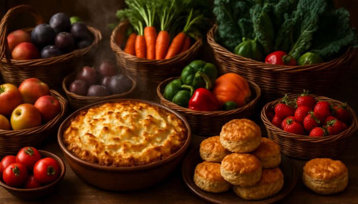 Celebrating Milestones Safely and Economically: UK Tips | DCL Rustic dining table showcasing shepherd’s pie, golden scones, and baskets filled with seasonal British fruits and vegetables.