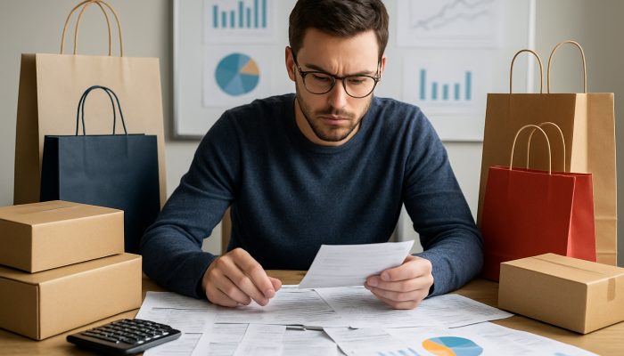 Resetting Your Budget After Overspending: Practical Steps | DCL Individual analysing bank statements and receipts surrounded by shopping bags and expenditure charts for budget assessment