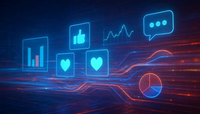 Holographic dashboard merging social media icons, analytics charts, and feedback into commerce insights.