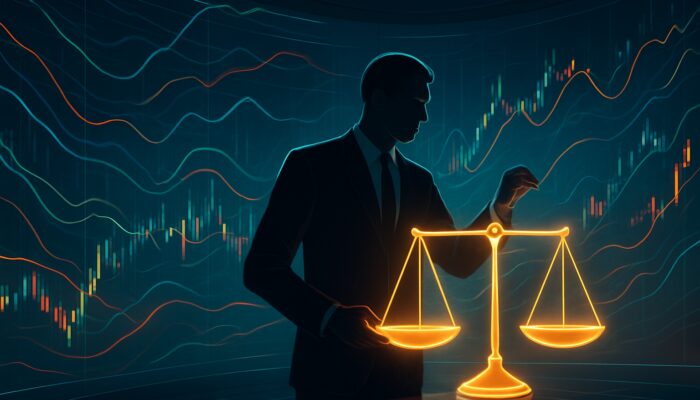 Trader balancing glowing scales amid volatile stock charts in futuristic trading room for risk management