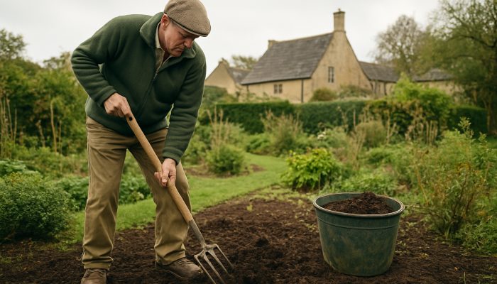 Weeding Services in Yetminster: Gardener aerating soil and removing weeds while adding compost in Yetminster garden