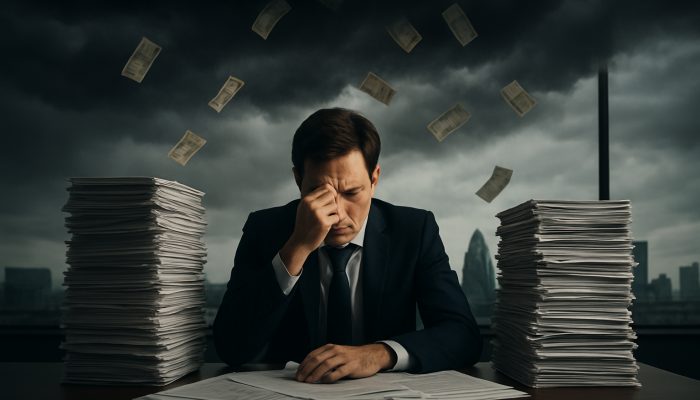 When to Seek Guidance on Business Liabilities: UK Essentials | DCL Concerns of a UK entrepreneur overwhelmed by contracts and falling pound notes in a modern London office