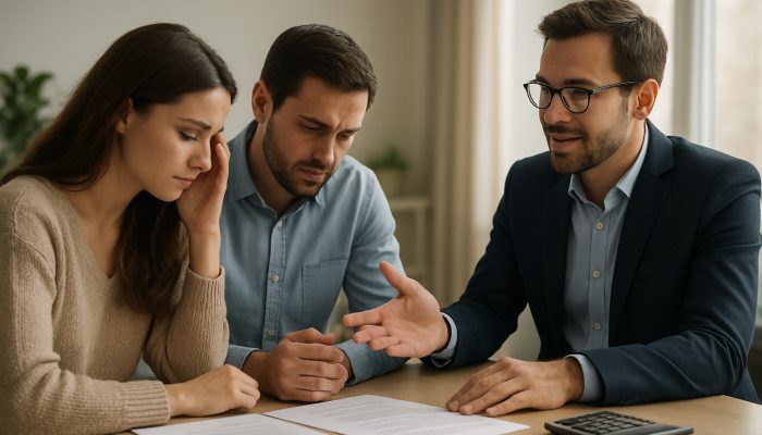What Happens if One Partner Stops Paying: Mortgage Advice | DCL Financial advisor reassuring worried couple reviewing debt papers in serene modern office